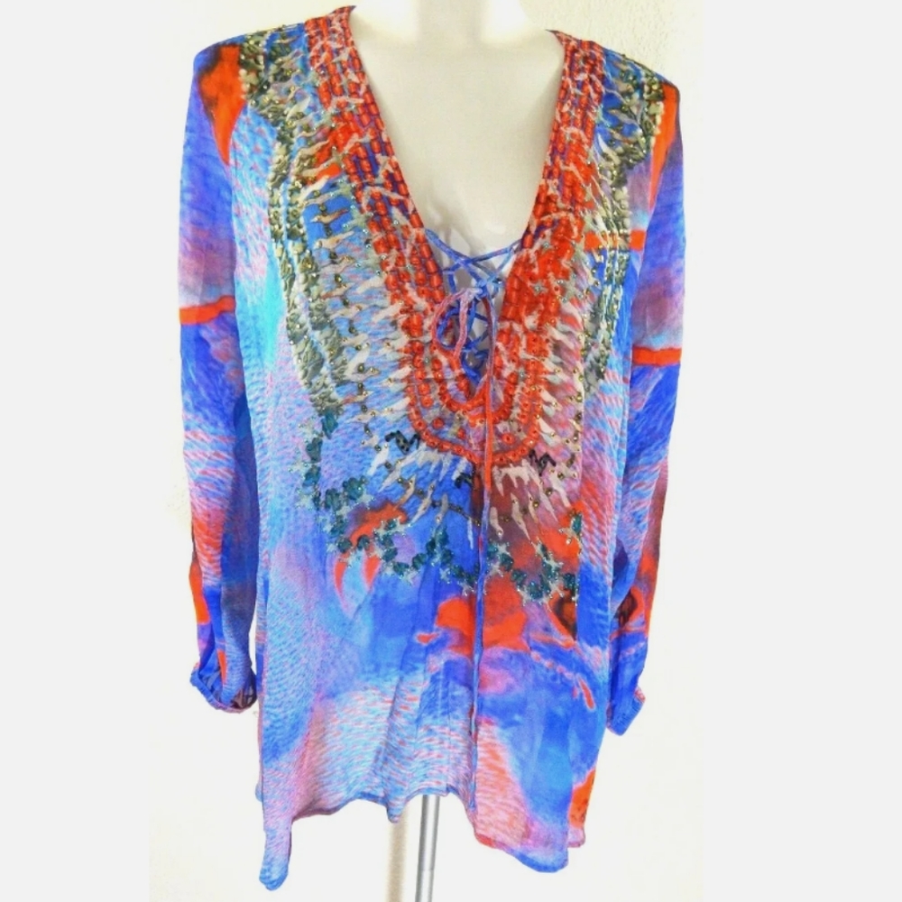 Camilla Blue and Red Printed Lace-Up Tunic